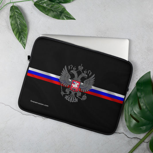 laptop sleeve 15" black with russian coat of arms and russian flag banner