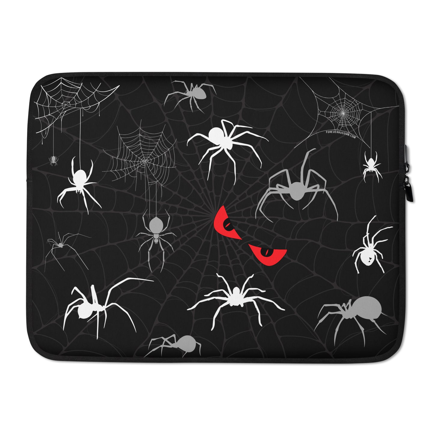 15 inch laptop sleeve with spiders, spider webs, and creepy red eyes. Perfect for Halloween.