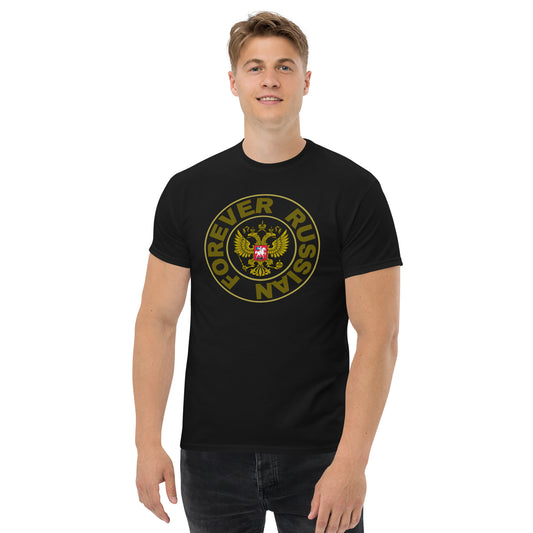 man in a black tshirt with Russian coat of arms in the center and forever russian around the crest