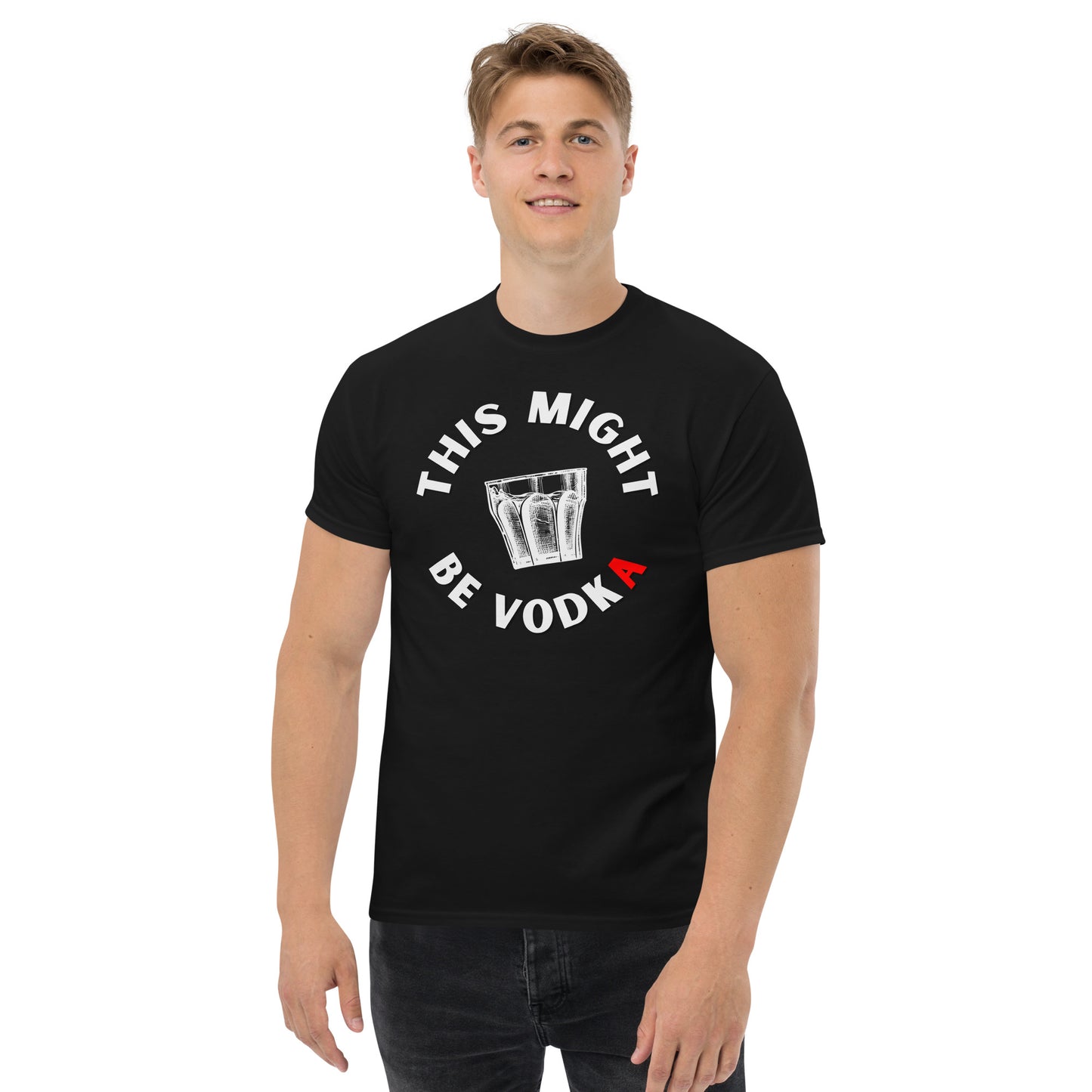 man in black tshirt with this might be vodka words written in white around a slightly tilted glass with fluid letter A is red