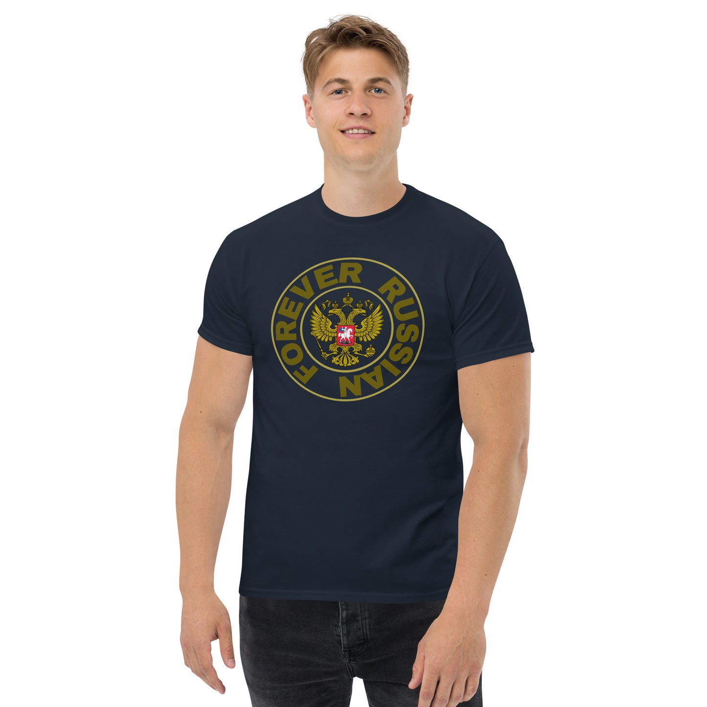 man in a navy tshirt with Russian coat of arms in the center and forever russian around the crest