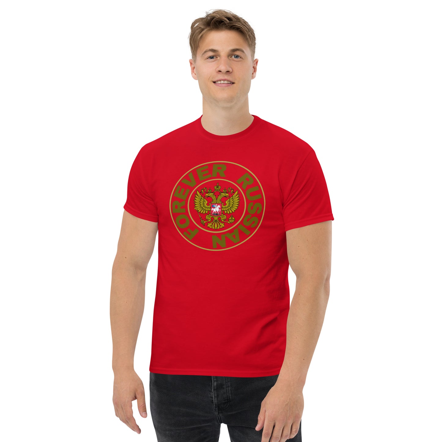 man in a red tshirt with Russian coat of arms in the center and forever russian around the crest