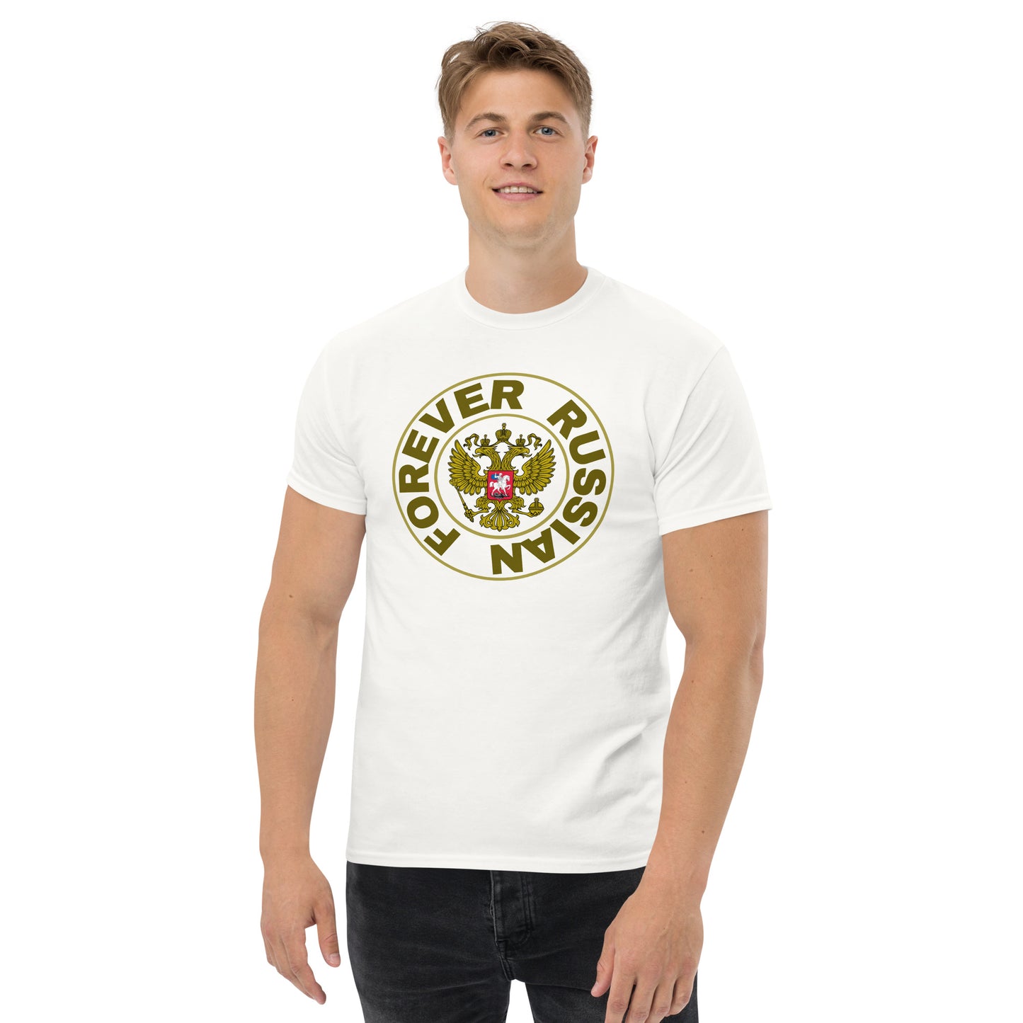 man in classic white tshirt with forever russian inscribed around the russian crest coat of arms