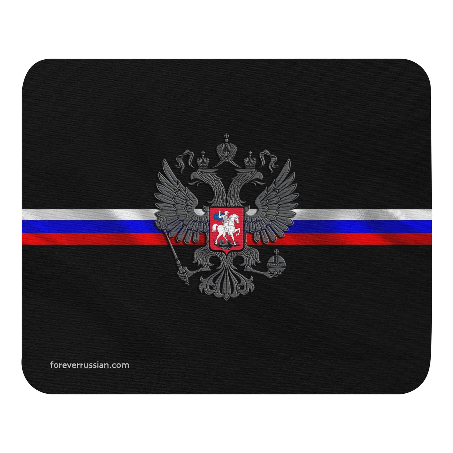 mouse pad with russian coat of arms with a russian flag ribbon and foreverrussian.com