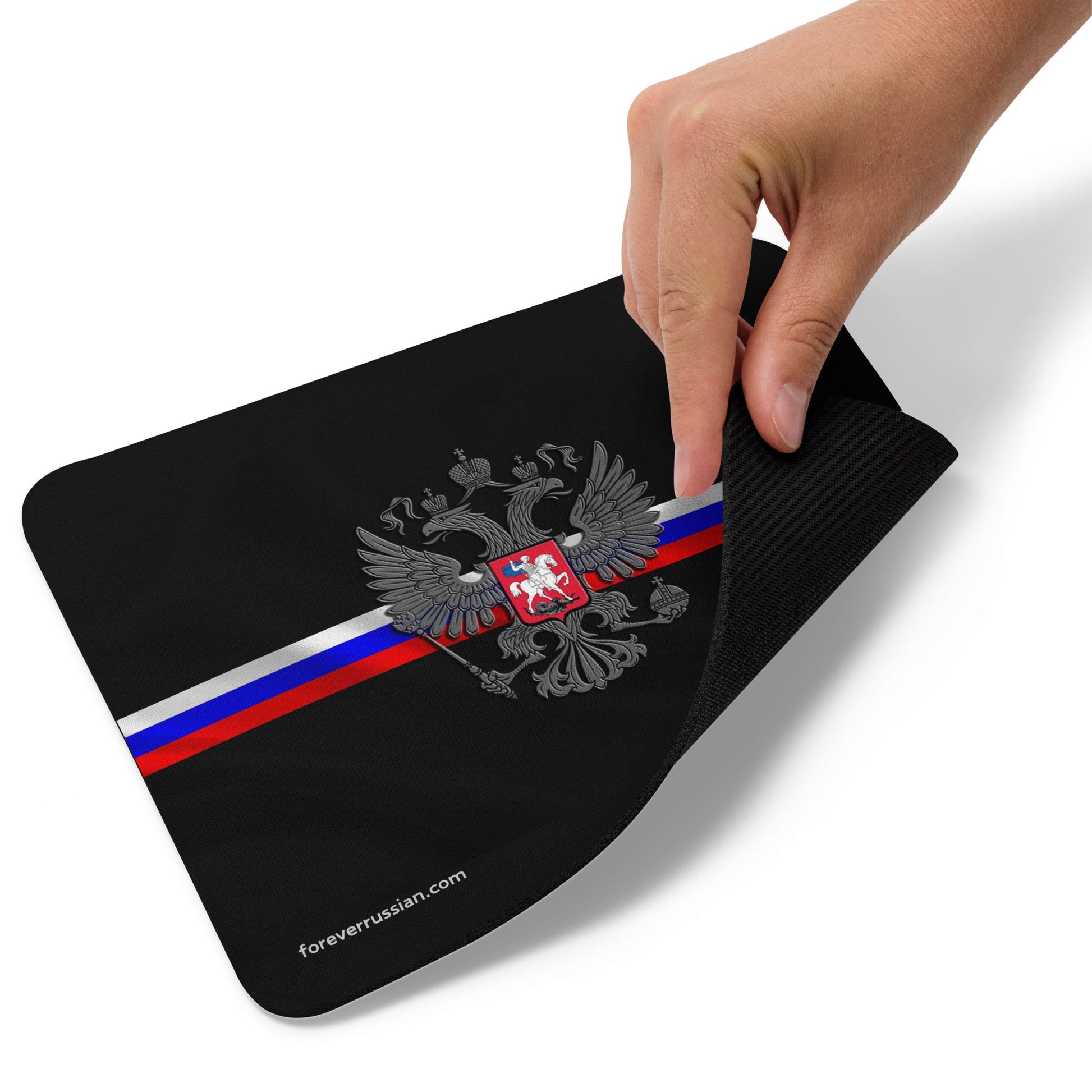 mouse pad with russian coat of arms with a russian flag ribbon and foreverrussian.com