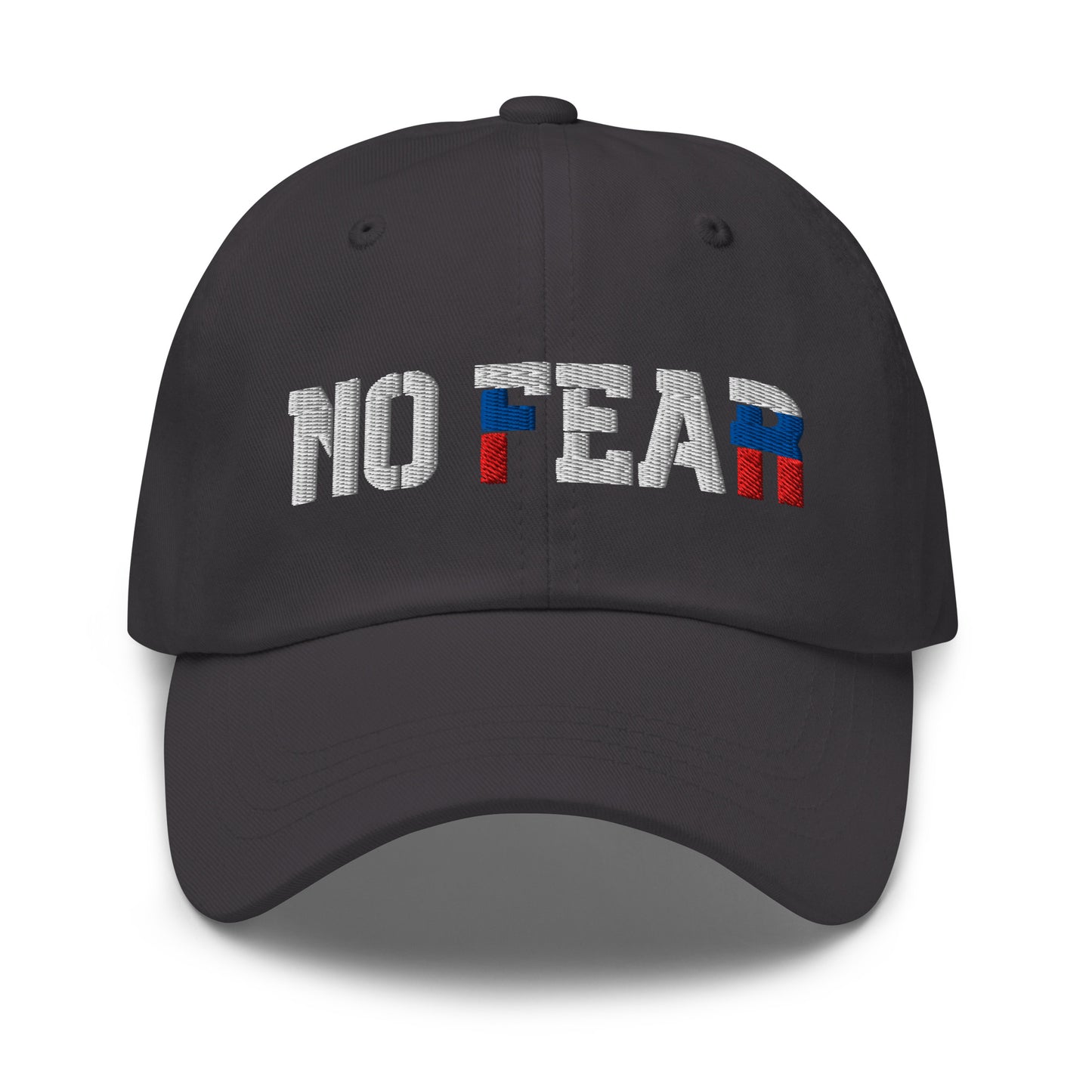 Grey NO FEAR Russian streetwear cap with embroidered white, blue, and red lettering.