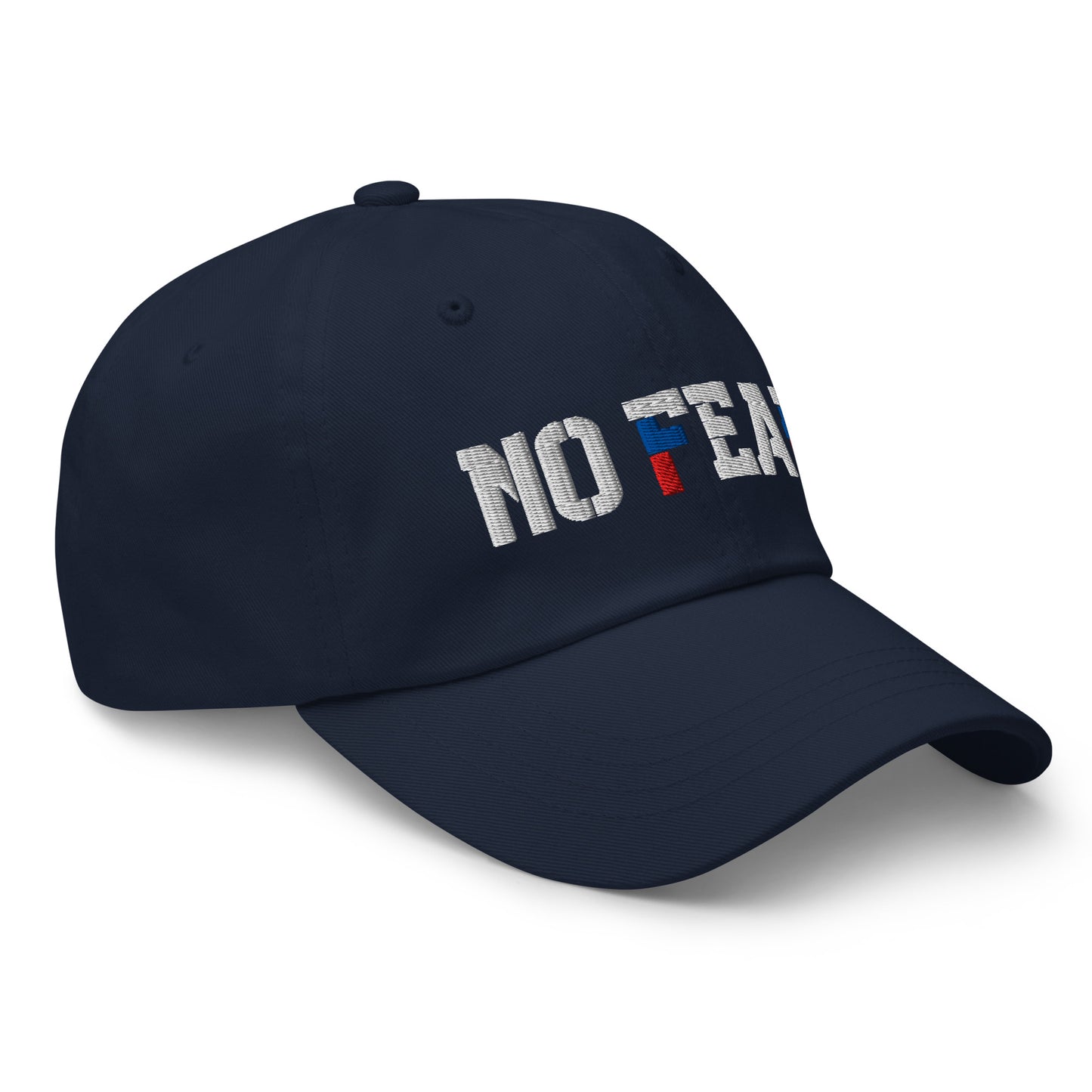 Side view of navy NO FEAR embroidered Russian streetwear cap.