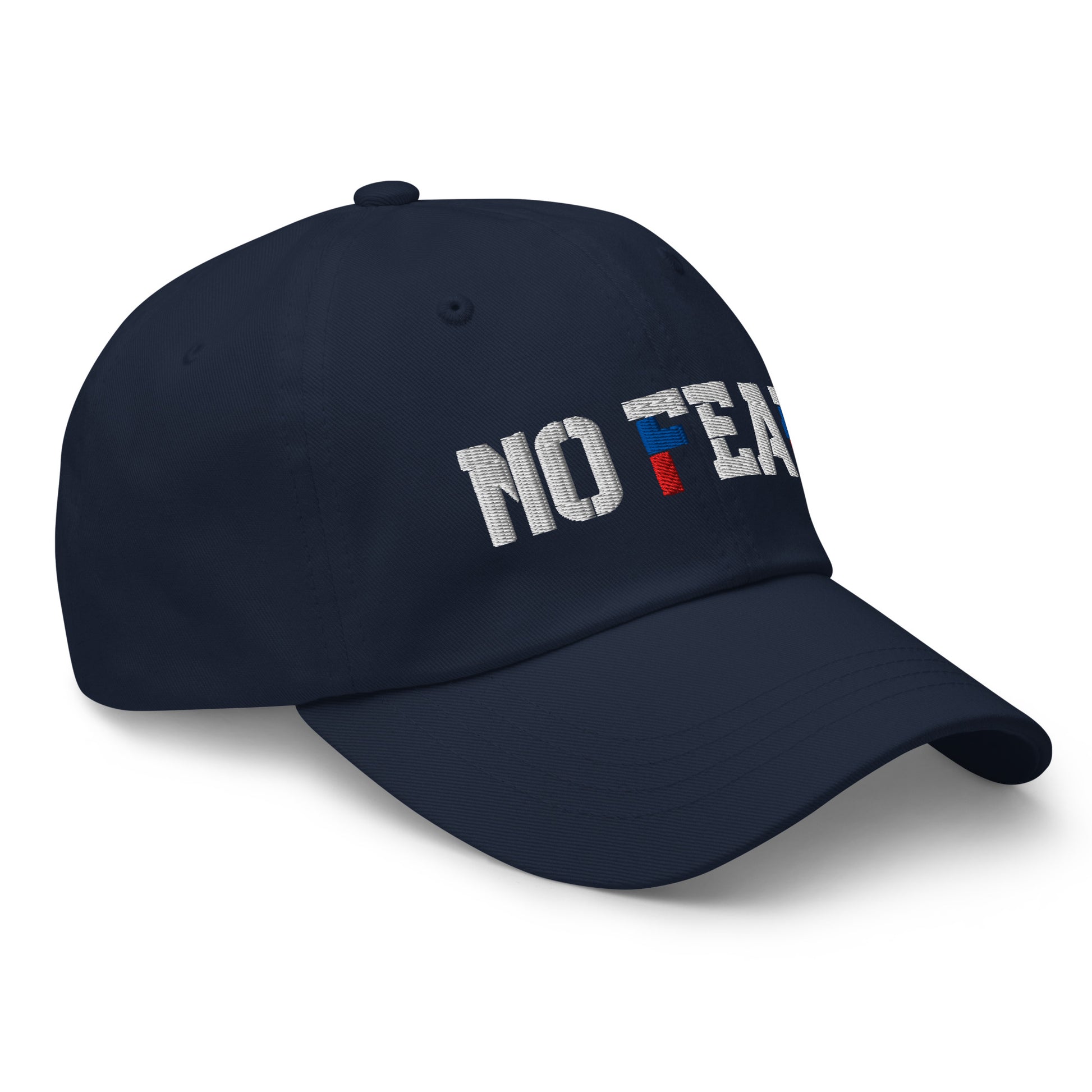 Side view of navy NO FEAR embroidered Russian streetwear cap.