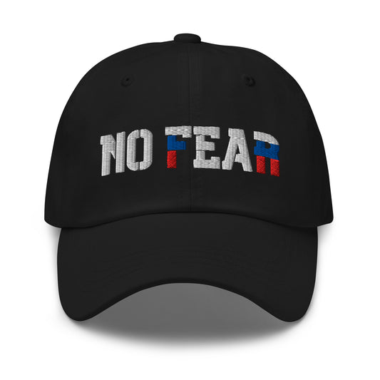 Black NO FEAR Russian streetwear cap with embroidered white, blue, and red lettering.