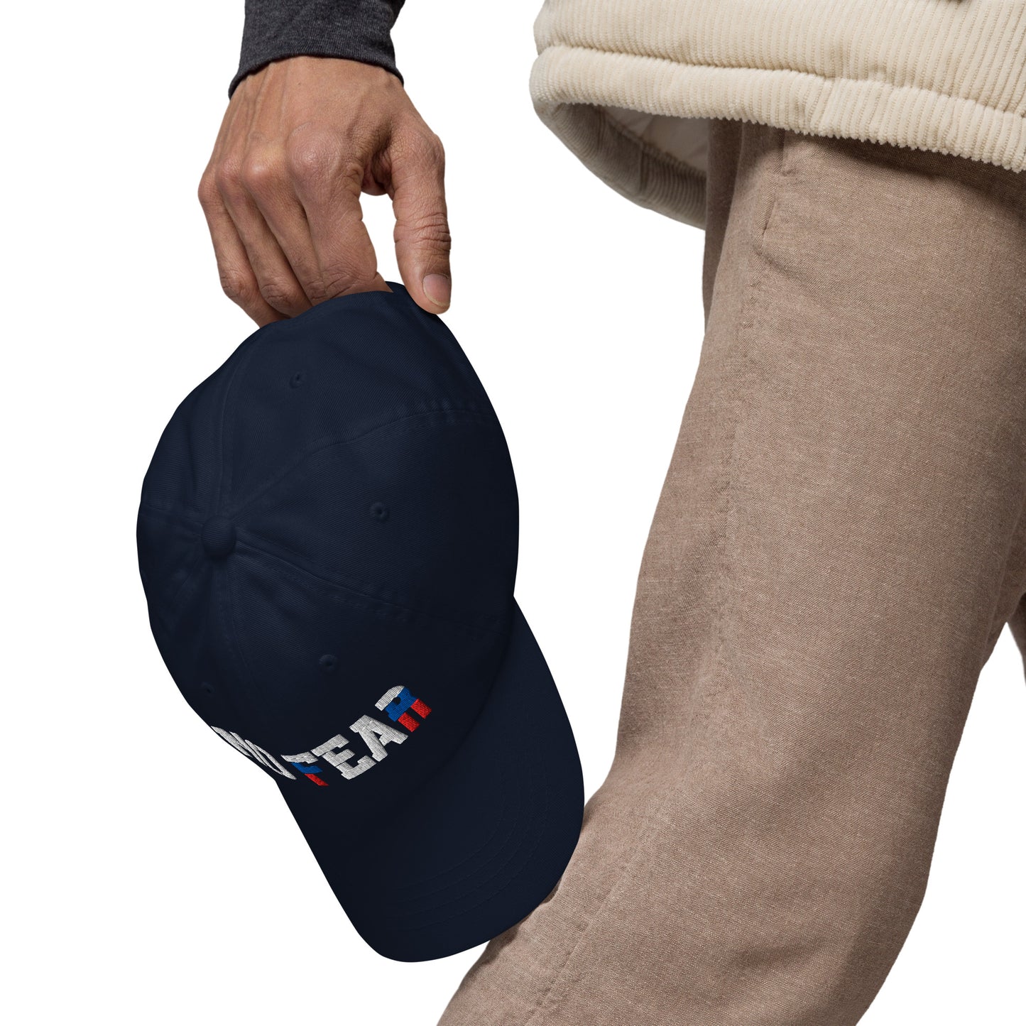 NO FEAR Russian streetwear cap styled with casual outfit, showing white, blue, and red embroidery.