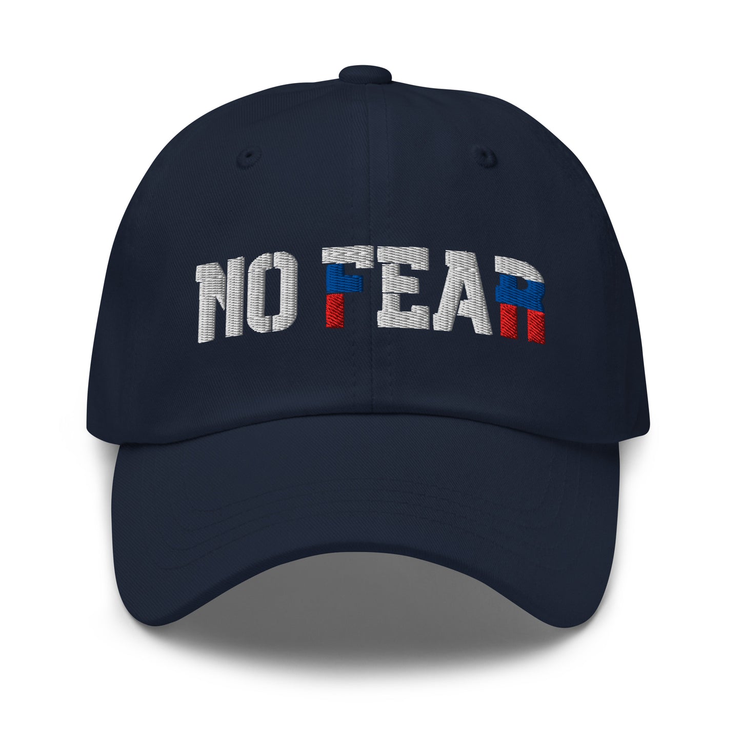 Navy NO FEAR Russian streetwear cap with embroidered white, blue, and red lettering.