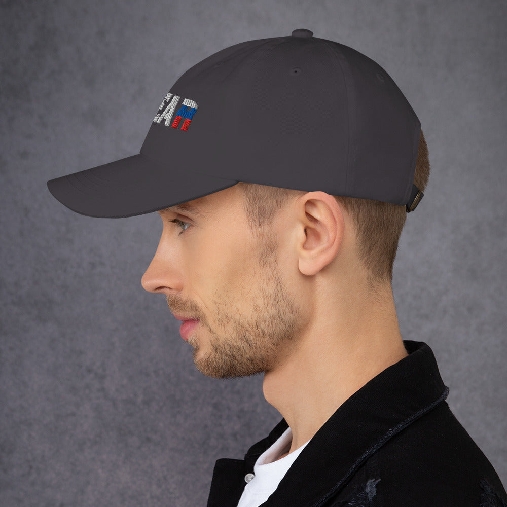 NO FEAR Russian streetwear cap side view, showing white, blue, and red embroidery.