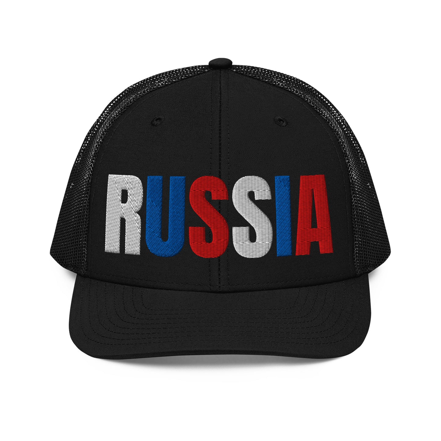 Black embroidered 'RUSSIA' trucker hat with Russian flag colors. Classic design featuring a cotton blend front, mesh back, and adjustable snapback for a comfortable, stylish fit.