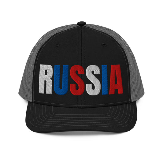 Black and grey embroidered 'RUSSIA' trucker hat with Russian flag colors. Classic design featuring a cotton blend front, mesh back, and adjustable snapback for a comfortable, stylish fit.