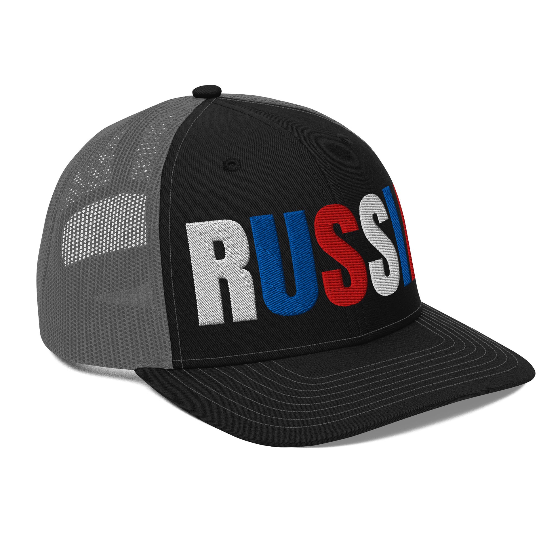 Black and grey embroidered 'RUSSIA' trucker hat with Russian flag colors. Classic design featuring a cotton blend front, mesh back, and adjustable snapback for a comfortable, stylish fit.