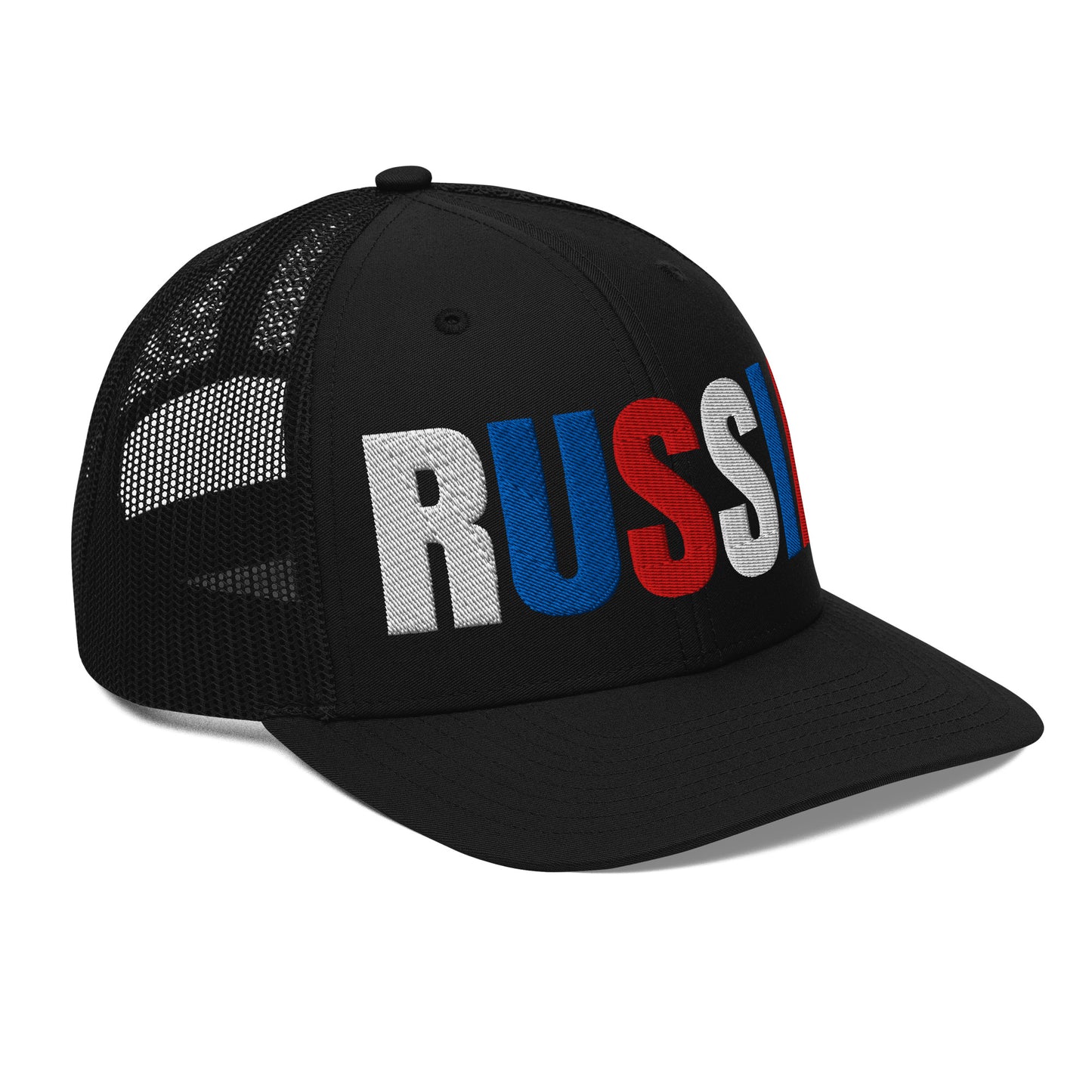 Side view of a black embroidered 'RUSSIA' trucker hat with Russian flag colors. Classic design featuring a cotton blend front, mesh back, and adjustable snapback for a comfortable, stylish fit.