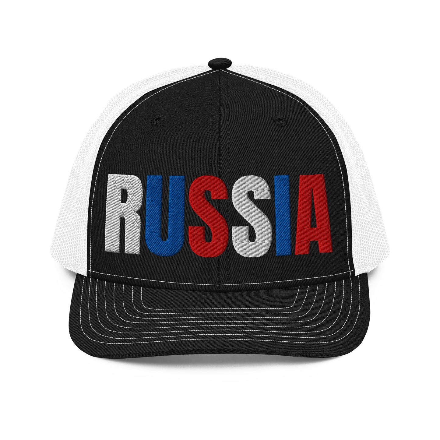 Black and white embroidered 'RUSSIA' trucker hat with Russian flag colors. Classic design featuring a cotton blend front, mesh back, and adjustable snapback for a comfortable, stylish fit.