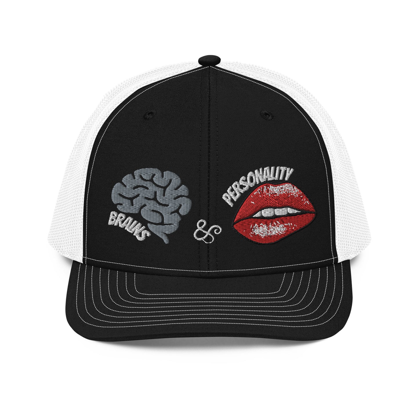 embroidered cap with brains and personality