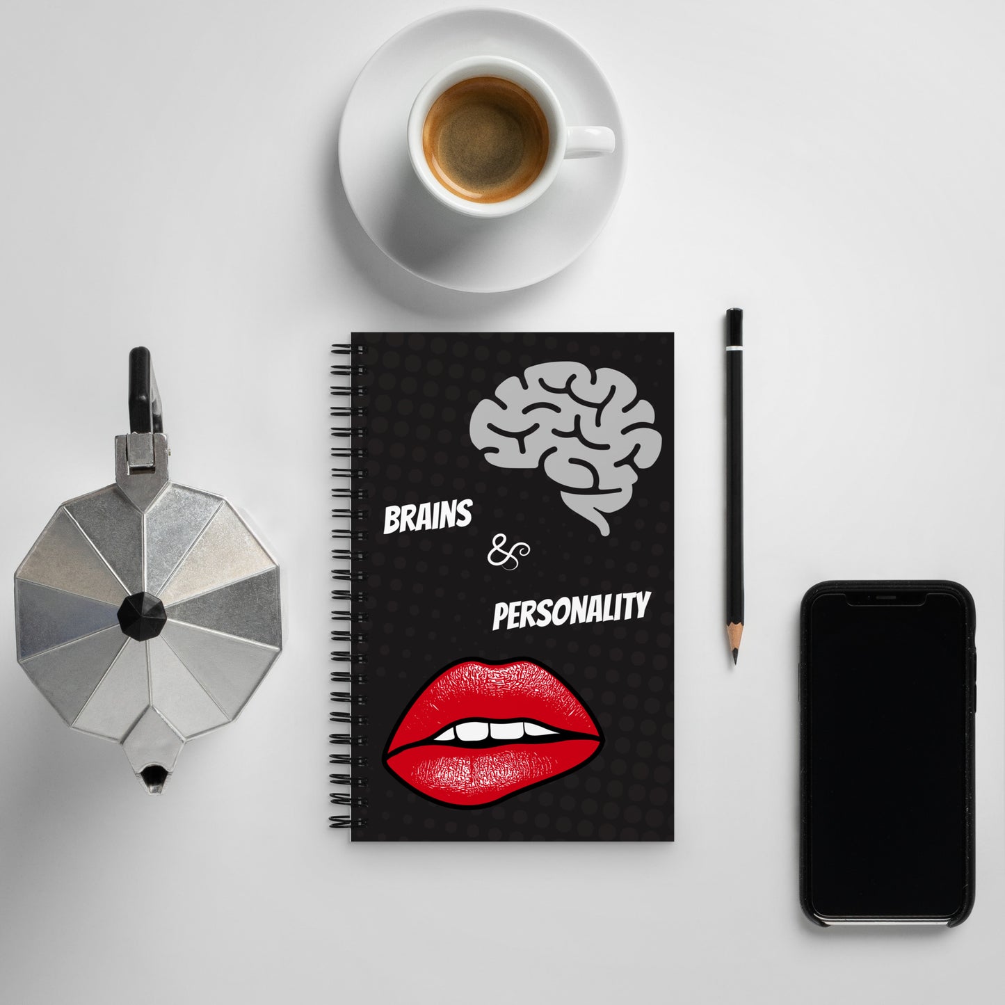 spiral bound notebook with brains and personality in the front and foreverrussian.com in the back