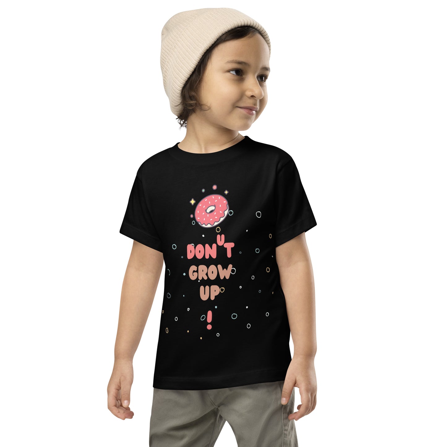 toddler t-shirt with a donut and caption "don't grow up!"