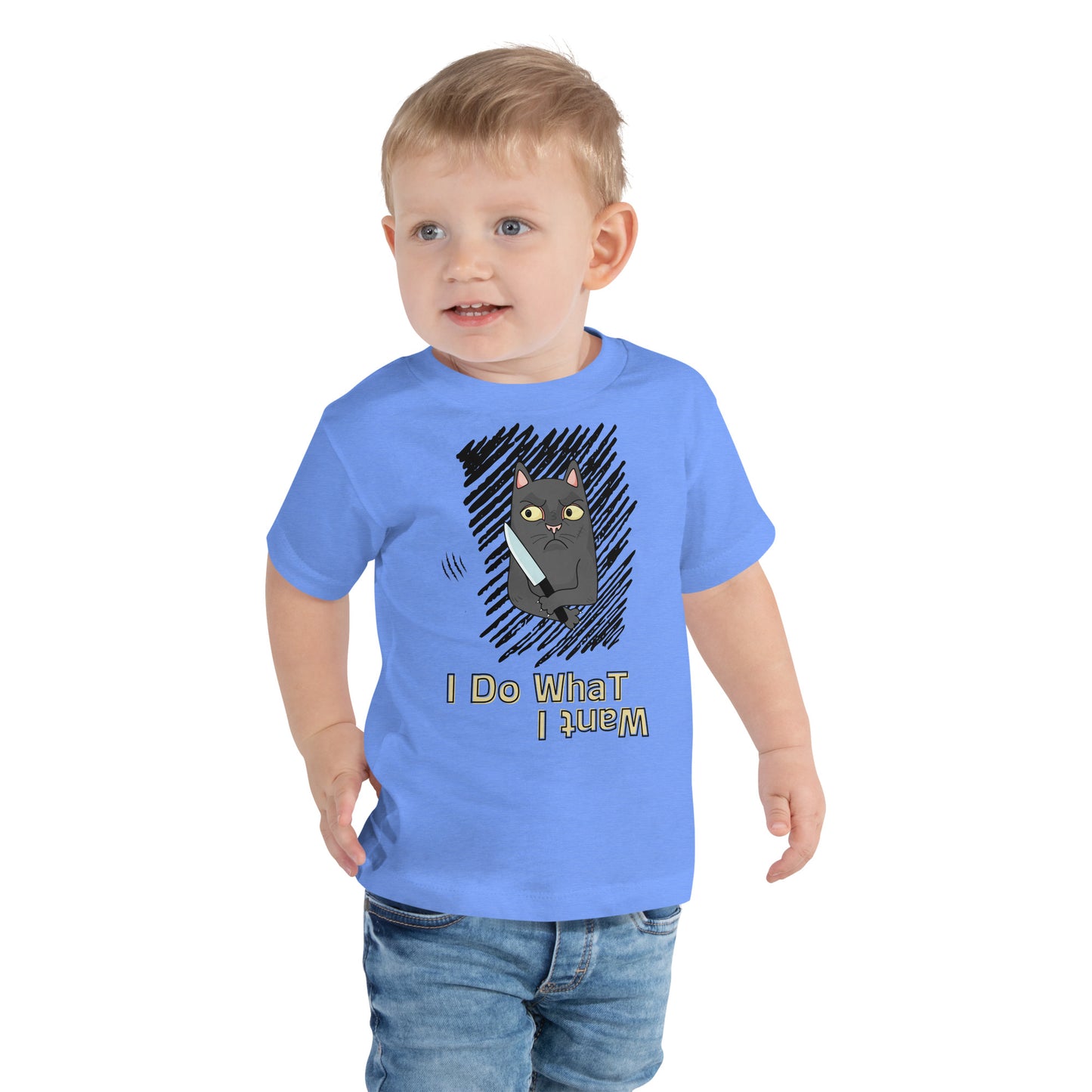 toddler t-shirt with "I Do What I Want" caption and a mischievous cat with a knife