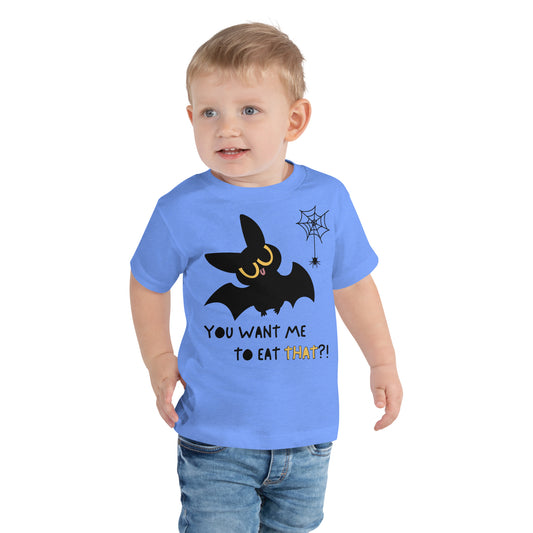 Toddler in a blue cotton t-shirt with a cute bat next to a spider hanging off a spiderweb and caption "You Want Me To Eat THAT?!"