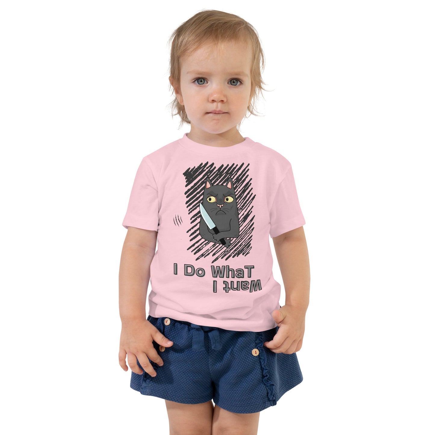 toddler t-shirt with "I Do What I Want" caption and a mischievous cat with a knife