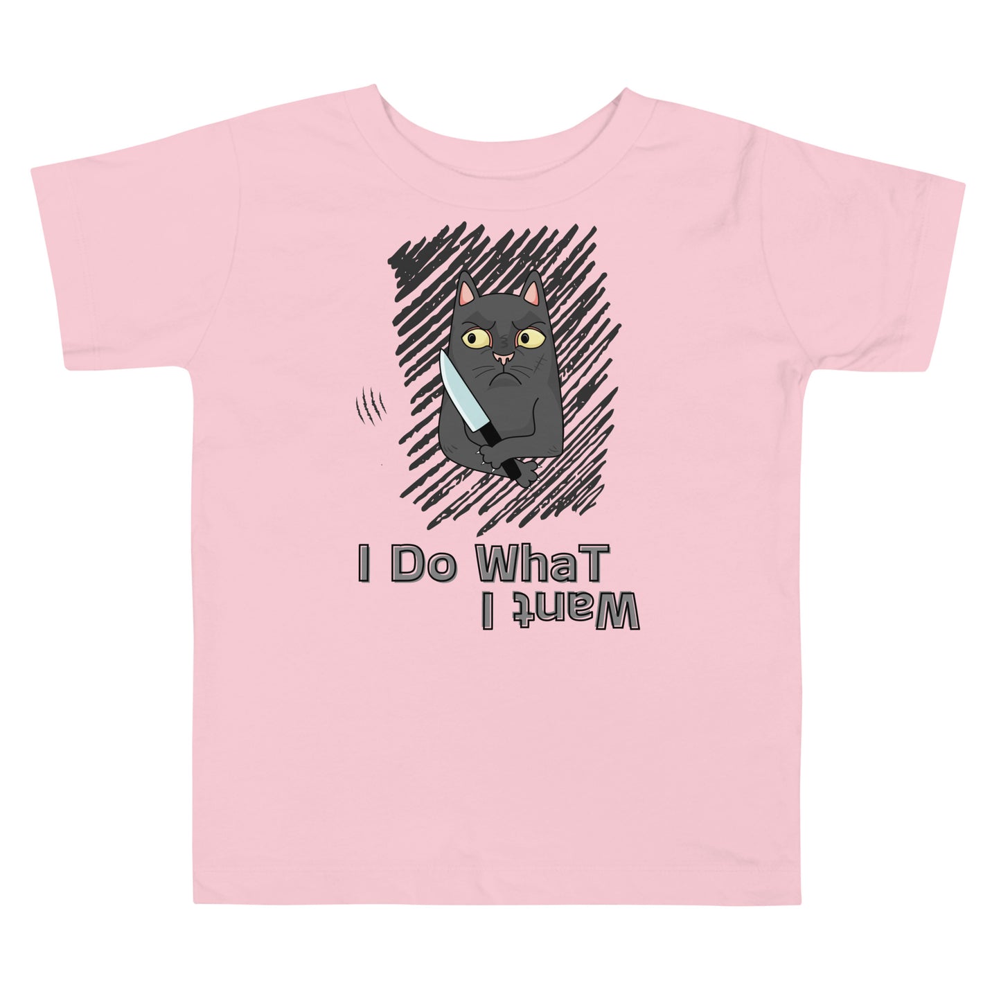 toddler t-shirt with "I Do What I Want" caption and a mischievous cat with a knife