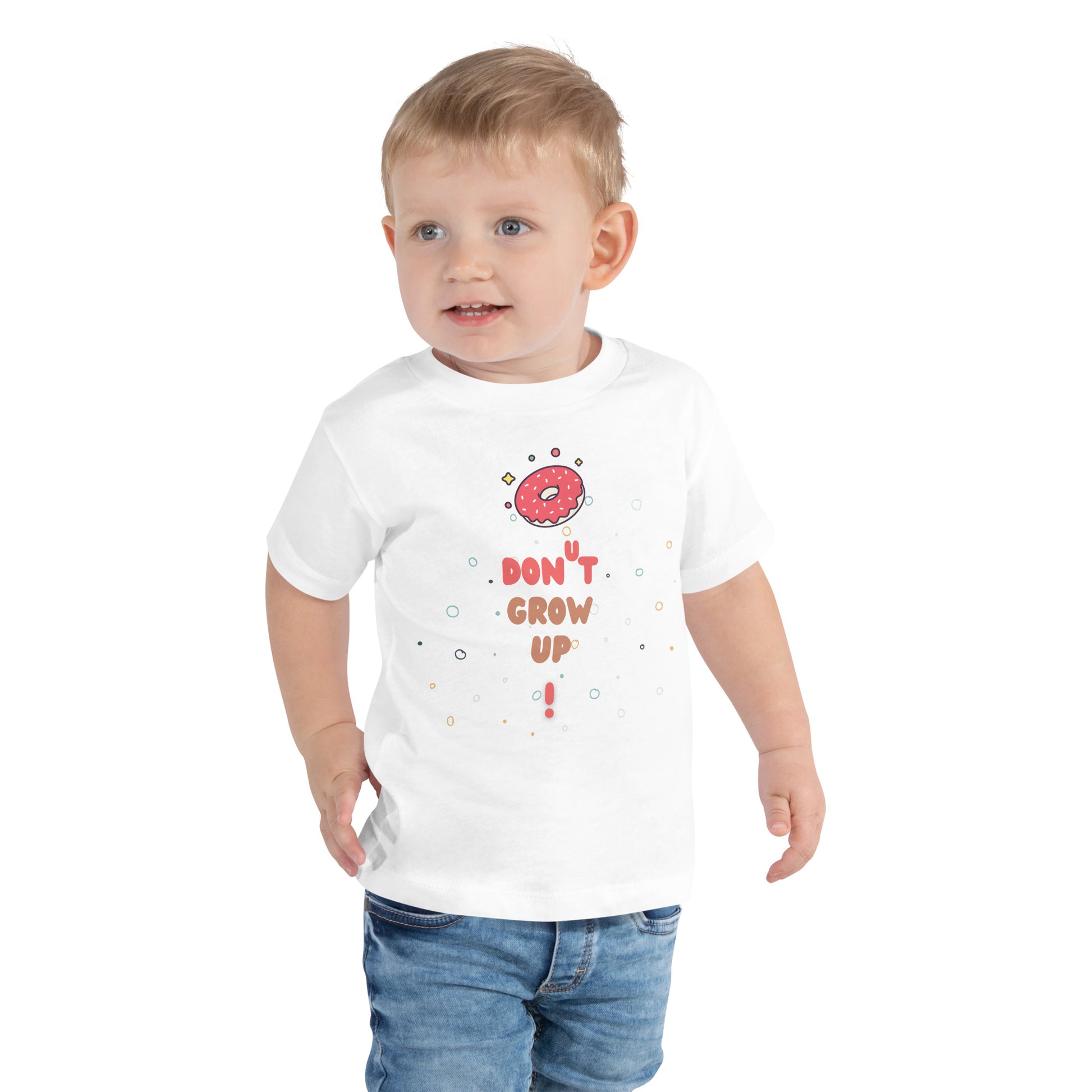 toddler t-shirt with a donut and caption "don't grow up!"