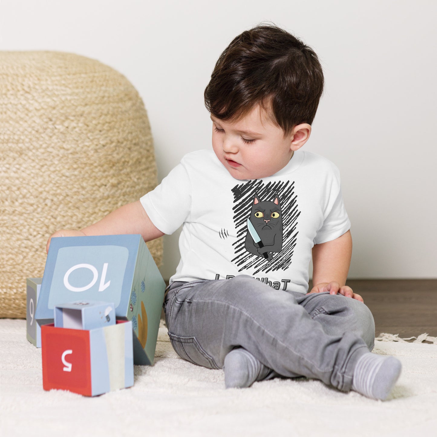 toddler t-shirt with "I Do What I Want" caption and a mischievous cat with a knife