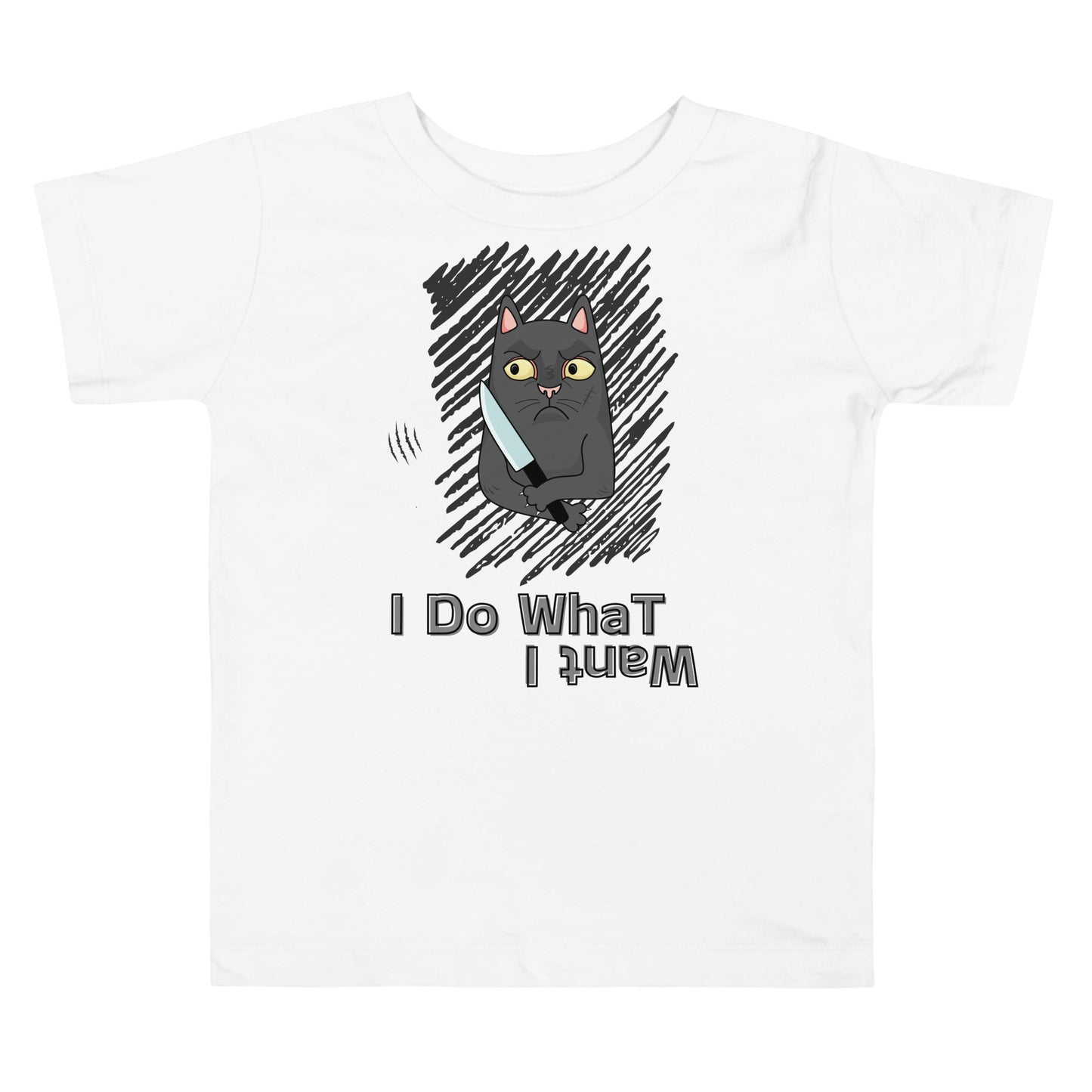 toddler t-shirt with "I Do What I Want" caption and a mischievous cat with a knife