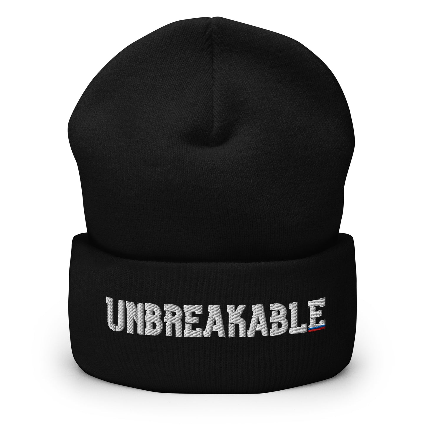 Black UNBREAKABLE Russian cuffed beanie with embroidered white, blue, and red accent lettering.