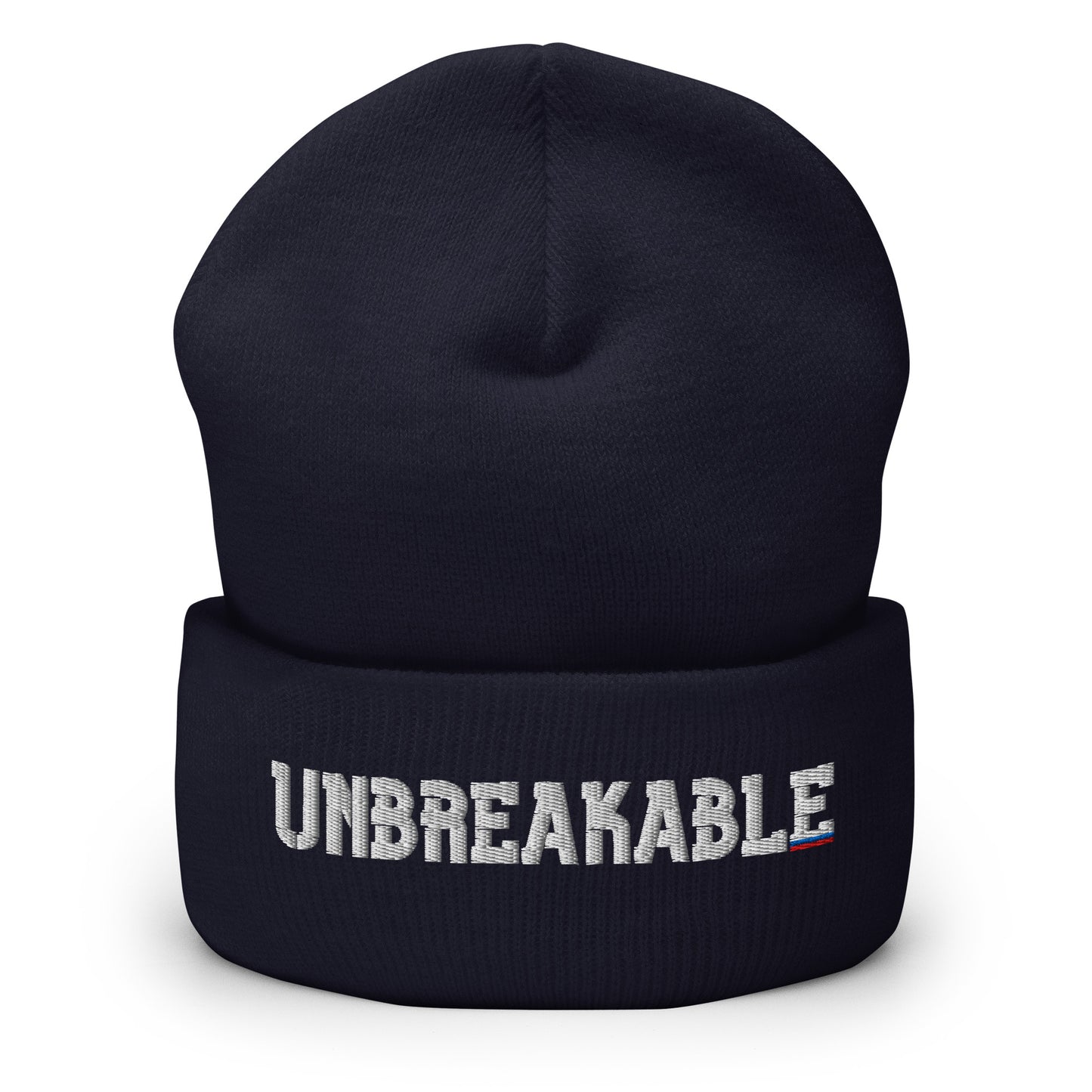 Navy UNBREAKABLE Russian cuffed beanie with embroidered white, blue, and red accent lettering.