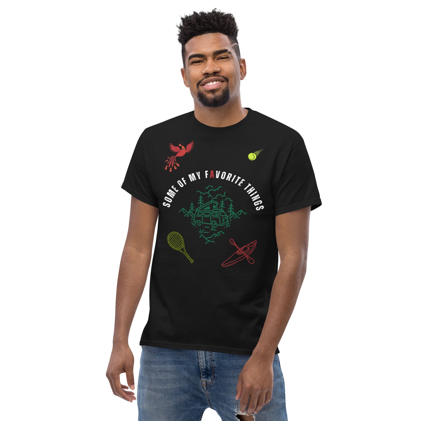 man in black t-shirt with some of my favorite things inscribed in the center, russian firebird, tennis ball, tennis racket, kayak, camper van, nature scene