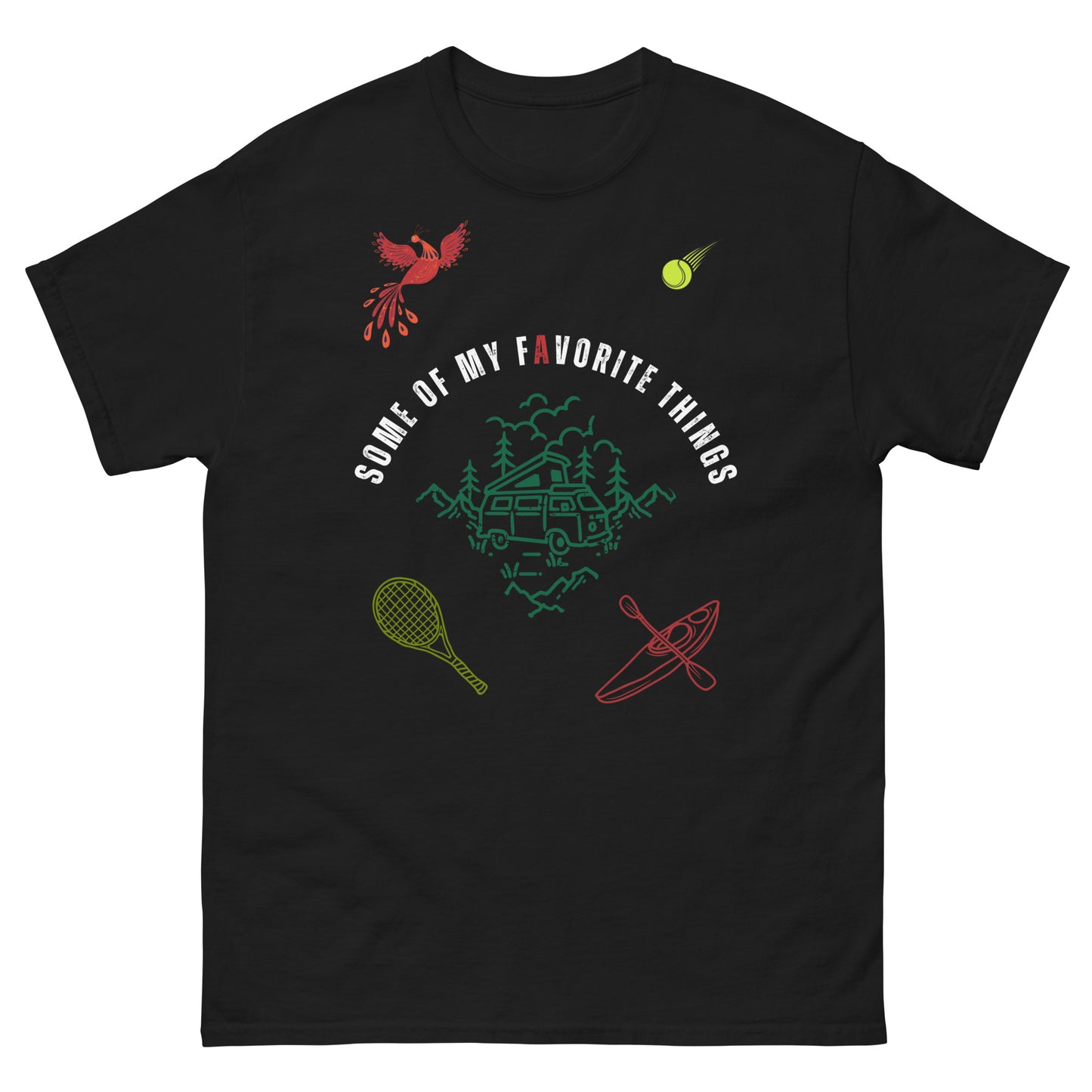 black t-shirt with some of my favorite things inscribed in the center, russian firebird, tennis ball, tennis racket, kayak, camper van, nature scene