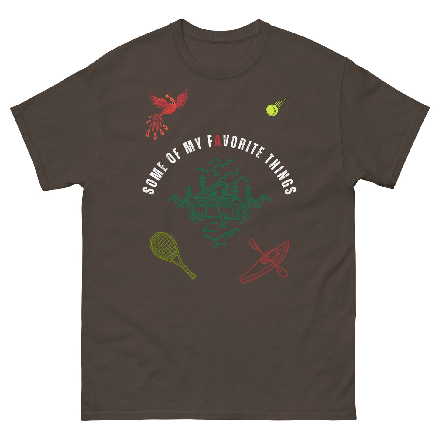 t-shirt in dark chocolate brown with some of my favorite things inscribed in the center, russian firebird, tennis ball, tennis racket, kayak, camper van, nature scene