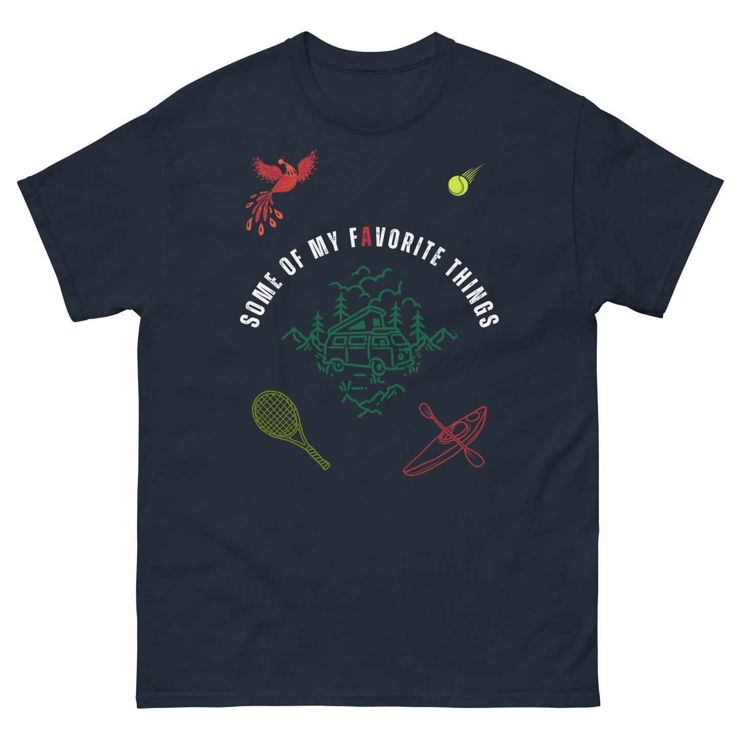 t-shirt in navy blue with some of my favorite things inscribed in the center, russian firebird, tennis ball, tennis racket, kayak, camper van, nature scene