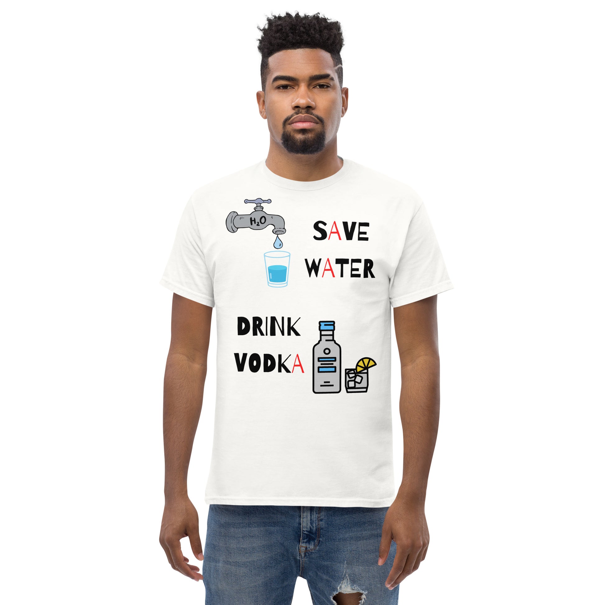 save water drink vodka white t-shirt on a man