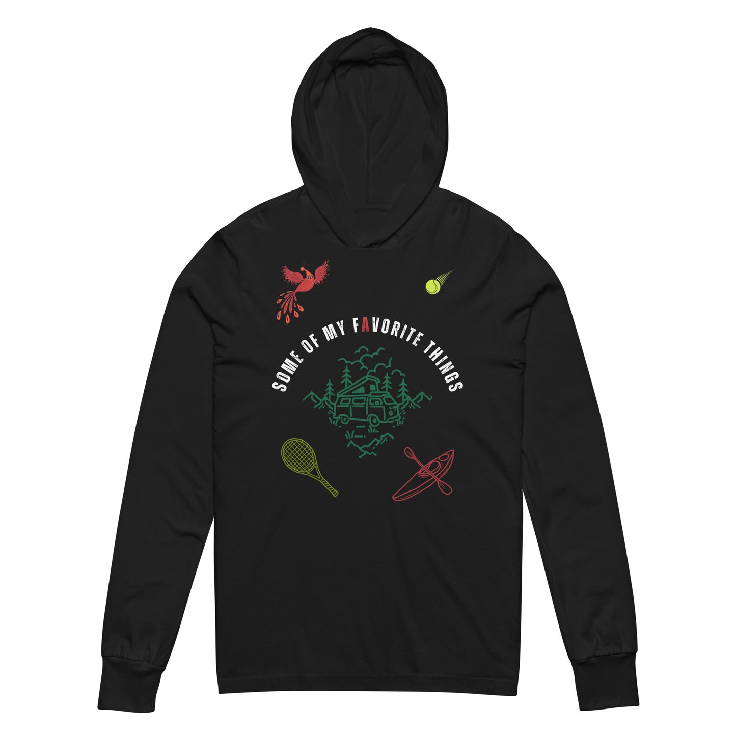 long sleeve hoodie in black with some of my favorite things inscribed in the center, russian firebird, tennis ball, tennis racket, kayak, camper van, nature scene