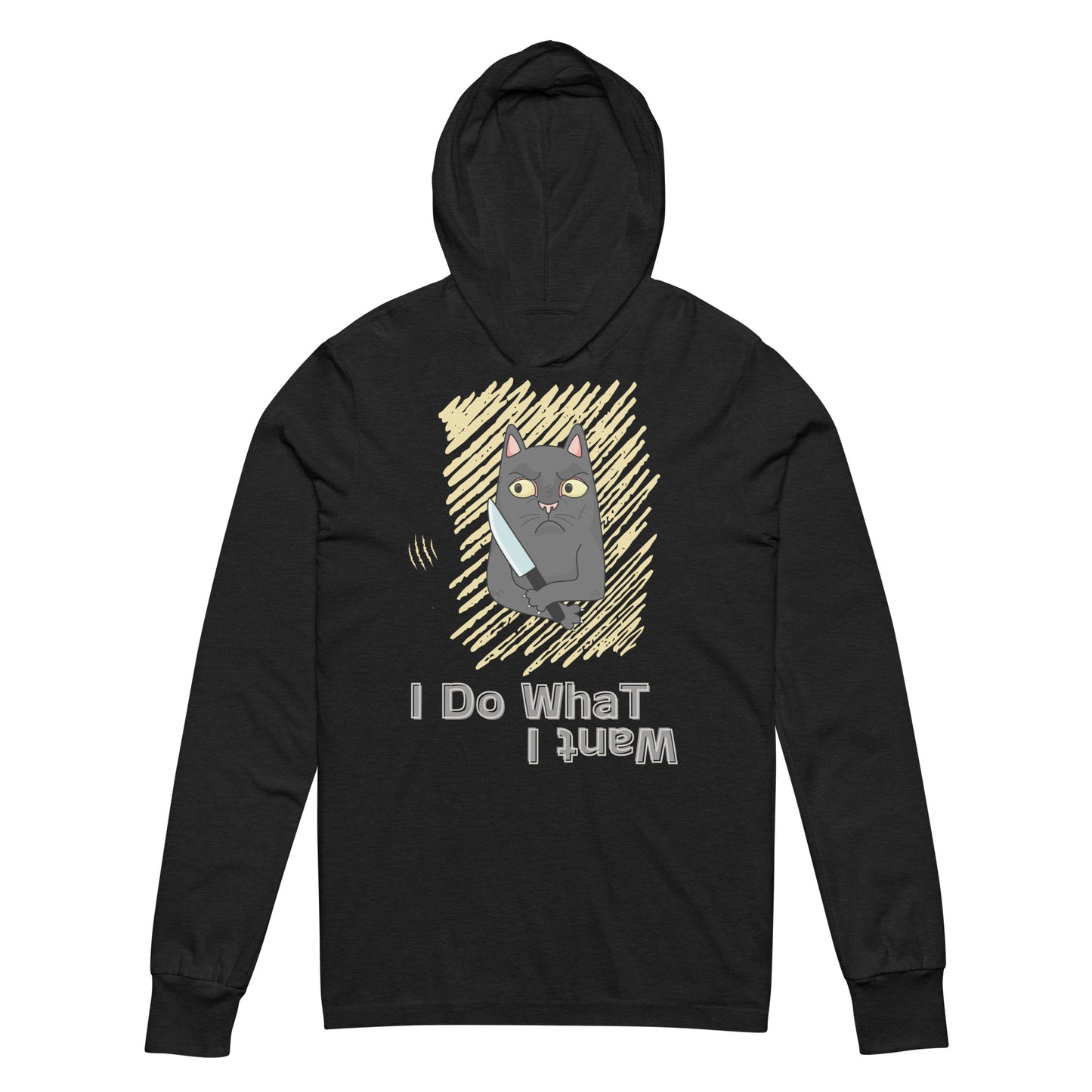 hoodie with "I Do What I Want" caption and a mischievous cat with a knife