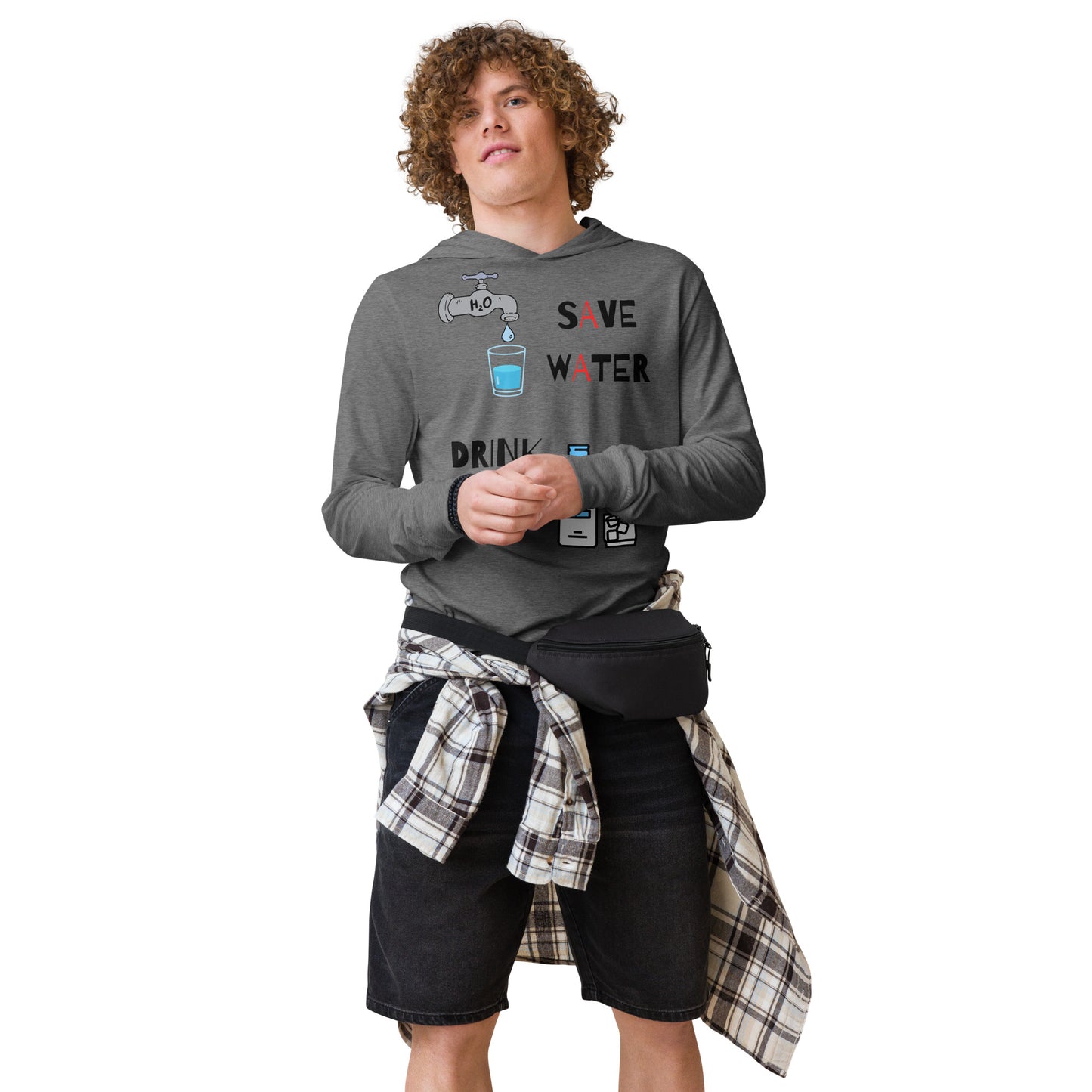 a guy wearing save water drink vodka faucet and bottle of vodka with a glass on a grey triblend long sleeve hoodie