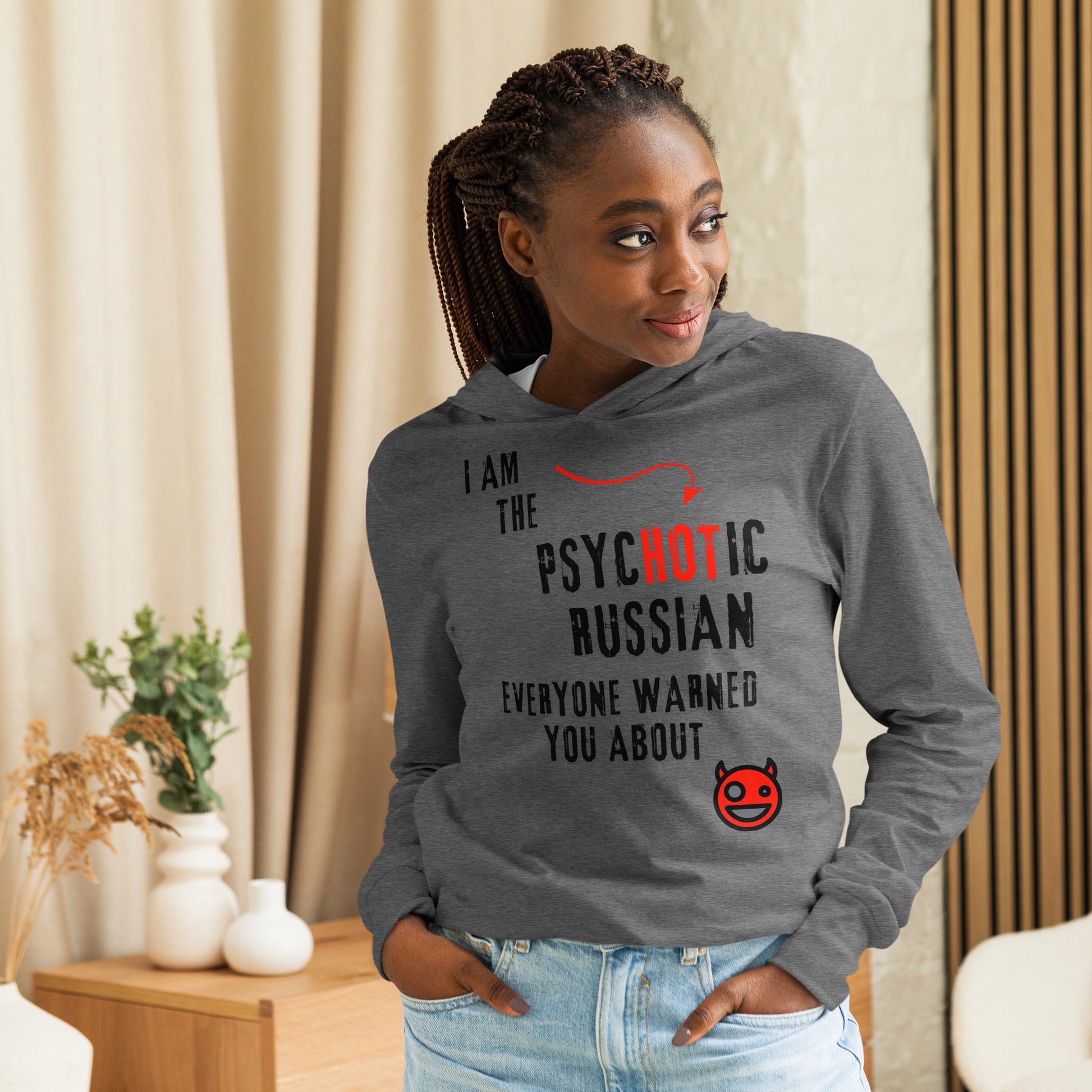 I am the psychotic russian everyone warned you about hoodie with smiley devil grey triblend on a woman