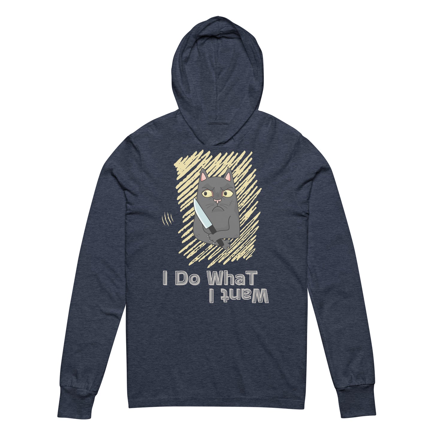 hoodie with "I Do What I Want" caption and a mischievous cat with a knife