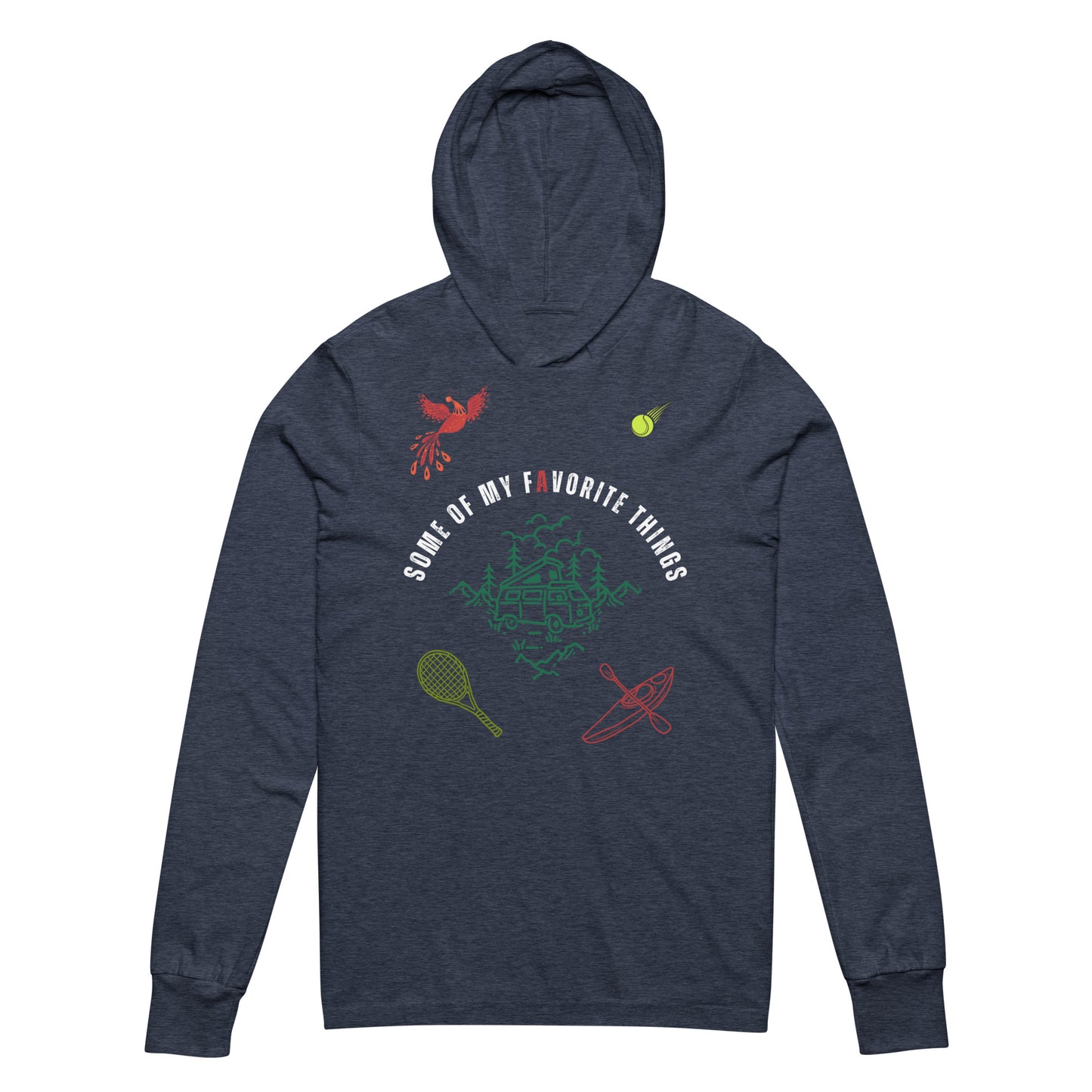 long sleeve hoodie in heather navy blue with some of my favorite things inscribed in the center, russian firebird, tennis ball, tennis racket, kayak, camper van, nature scene