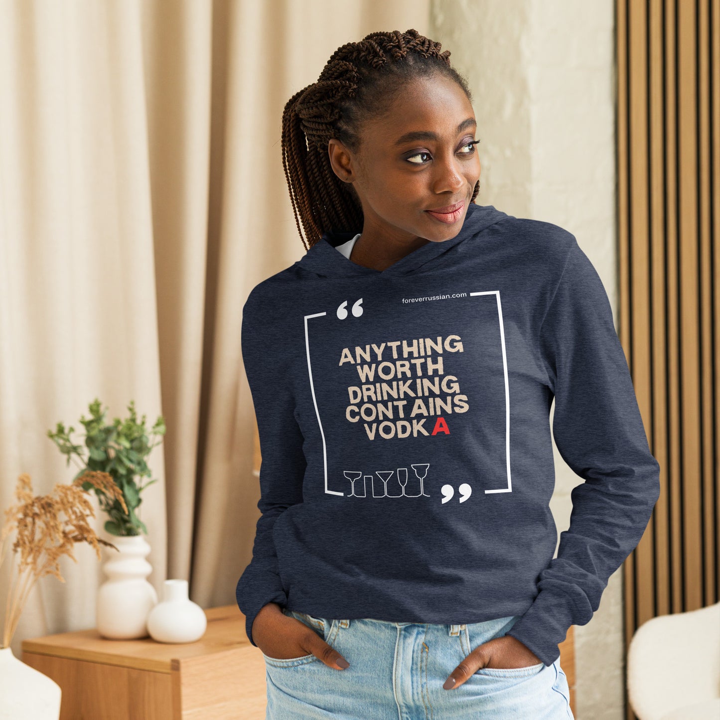 anything worth drinking contains vodka quote on a long sleeve tee hoodie navy blue on a woman