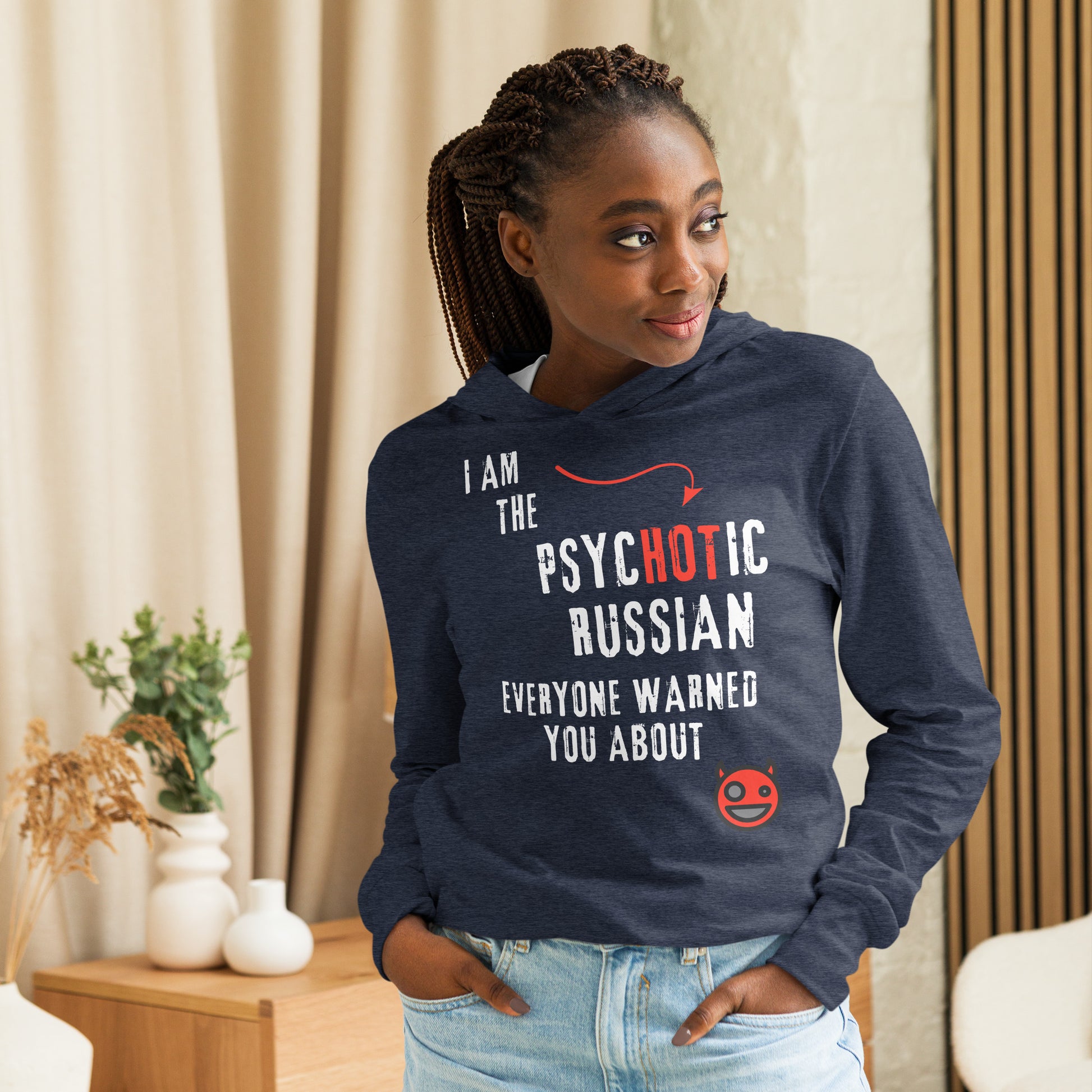 I am the psychotic russian everyone warned you about hoodie with smiley devil heather navy blue on a woman