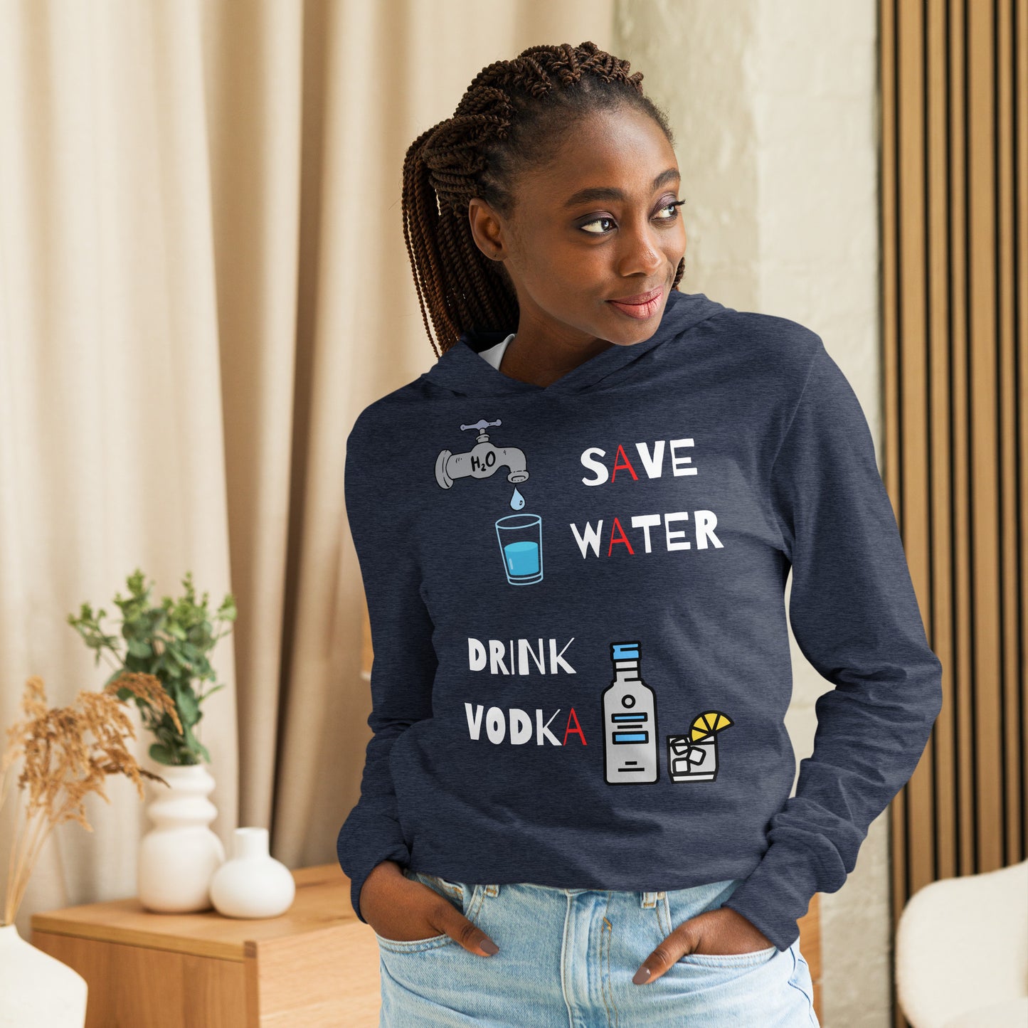 woman wearing save water drink vodka faucet and bottle of vodka with a glass on a heather navy blue long sleeve hoodie