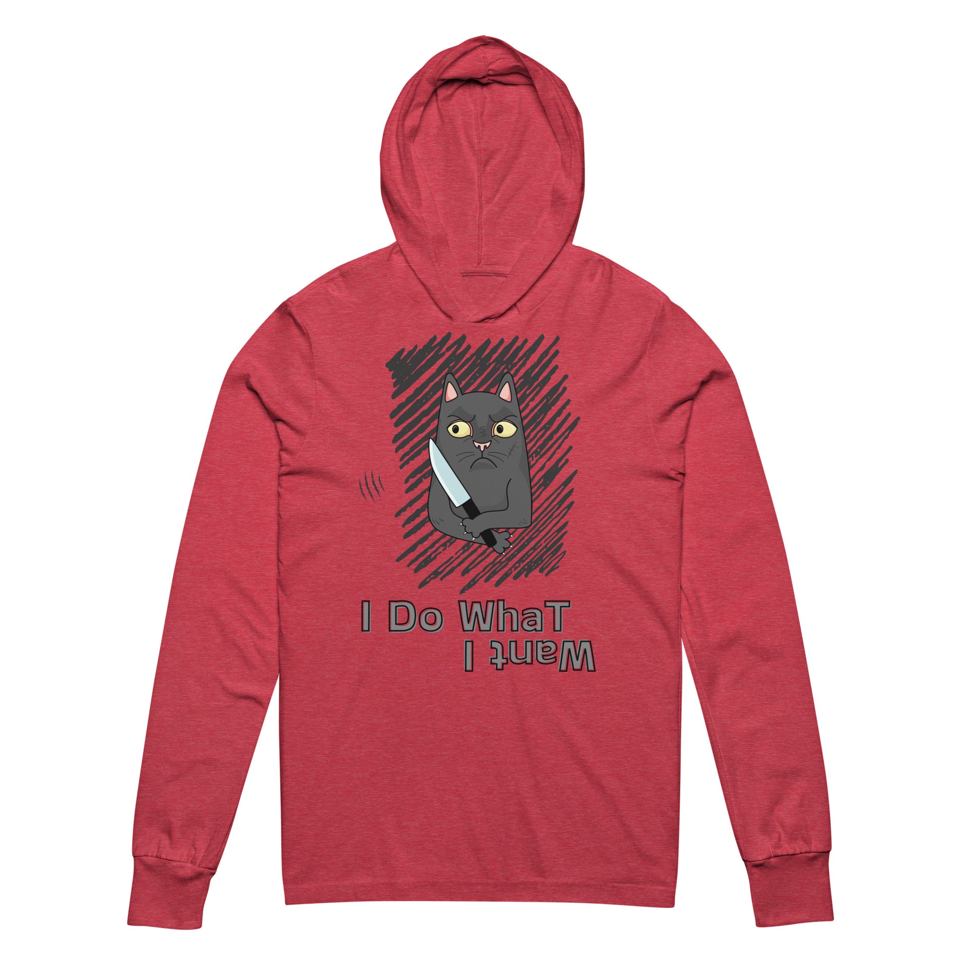 hoodie with "I Do What I Want" caption and a mischievous cat with a knife