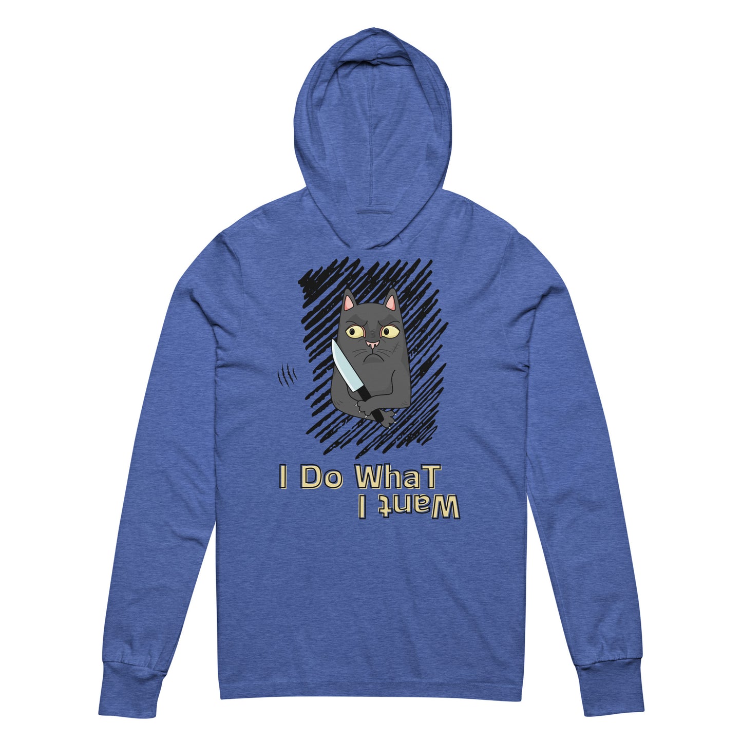 hoodie with "I Do What I Want" caption and a mischievous cat with a knife