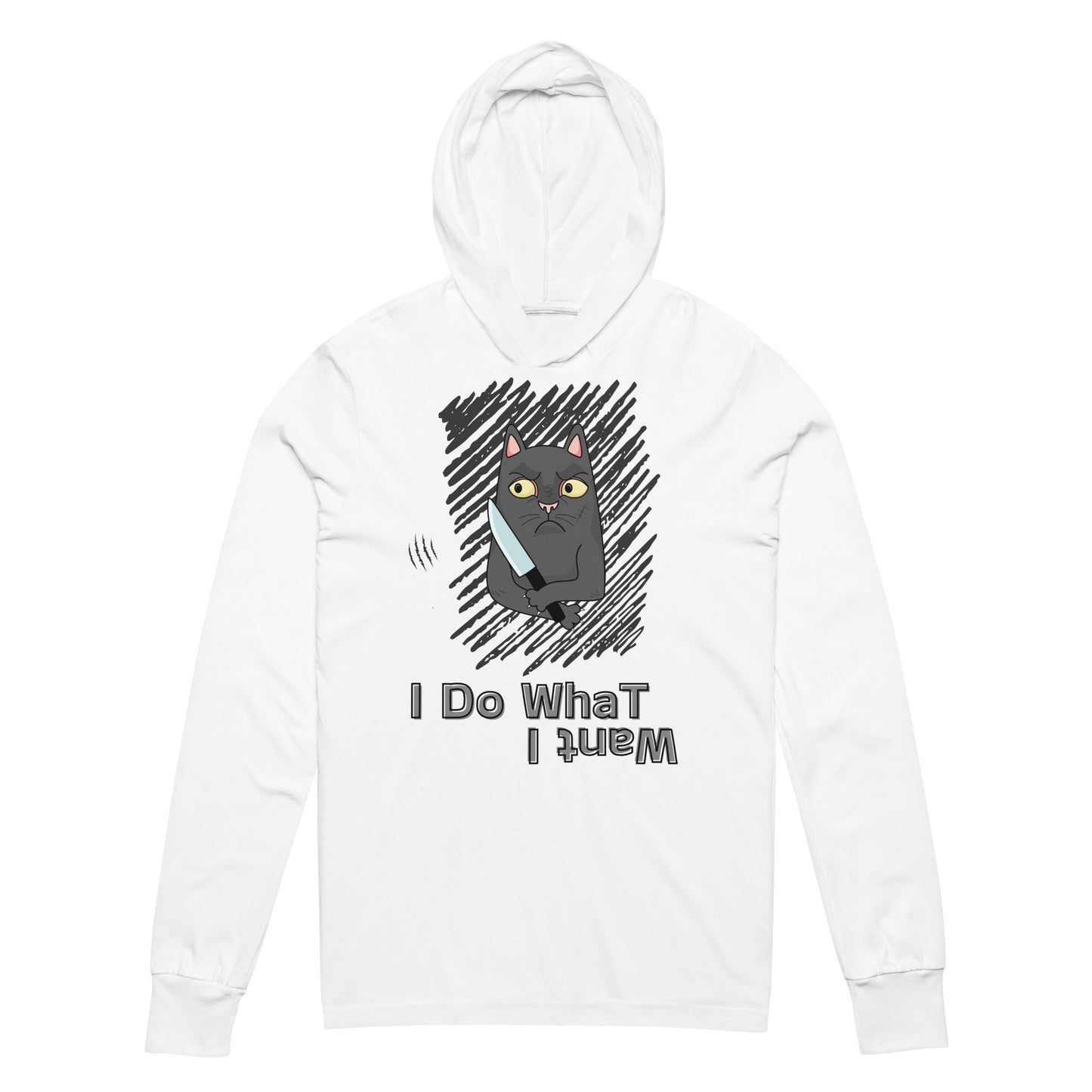 hoodie with "I Do What I Want" caption and a mischievous cat with a knife